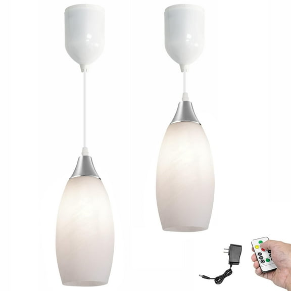 Kiven Battery Operated Pendant Light with Remote Control,Set of 2 Rechargeable Hanging Pendant Light Adjustable Height with Art Glass Globe for Bedroom Kitchen Bar Living Room TB3232-E