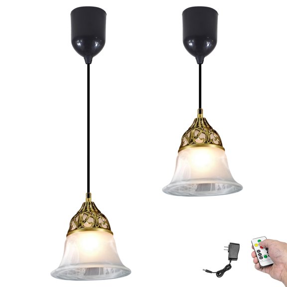 Kiven Battery Operated Pendant Light with Remote Control, Set of 2 Rechargeable Hanging Pendant Light Adjustable Height with Frosted Glass Lampshade for Bedroom Kitchen Home Decor TB3509