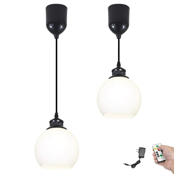 Kiven Battery Operated Pendant Light with Remote Control, Set of 2 Rechargeable Hanging Pendant Light Adjustable Height with Frosted Glass Lampshade for Bedroom Kitchen Home Decor TB3510