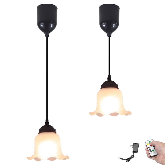 Kiven Battery Operated Pendant Light with Remote Control, Set of 2 Rechargeable Hanging Pendant Light Adjustable Height with Frosted Glass Lampshade for Bedroom Kitchen Home Decor TB3513