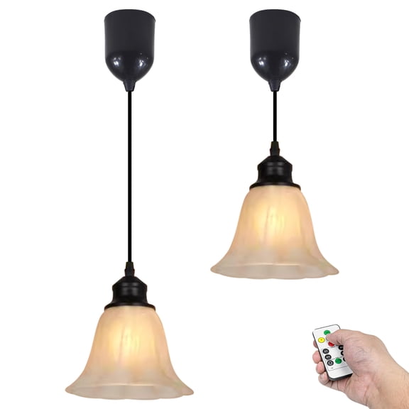 Kiven Battery Operated Pendant Light with Remote Control, Set of 2 Rechargeable Hanging Pendant Light Adjustable Height with Frosted Glass Lampshade for Bedroom Kitchen Home Decor TB3503BN