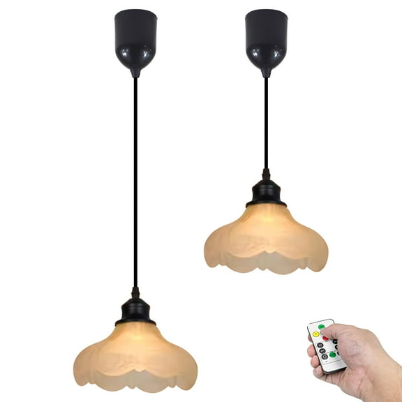 Kiven Battery Operated Pendant Light with Remote Control, Set of 2 Rechargeable Hanging Pendant Light Adjustable Height with Frosted Glass Lampshade for Bedroom Kitchen Home Decor TB3504BN