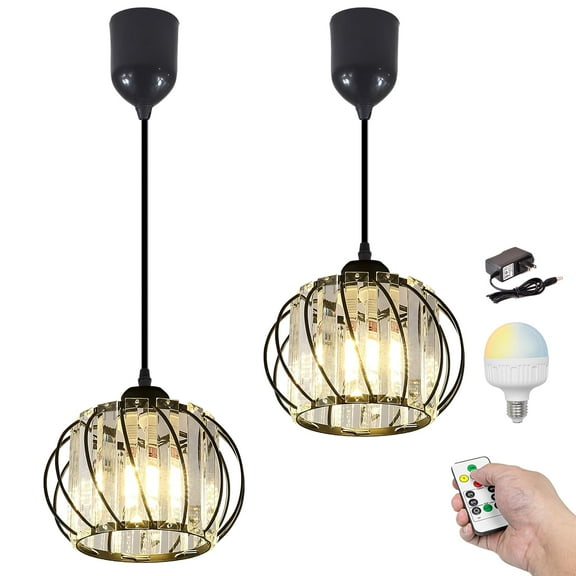 Kiven Battery Operated Pendant Light with Remote,Set of 2 Rechargeable Hanging Pendant Light Adjustable Height with Crystal Lampshade for Bedroom Kitchen Home Decor Black TB2983