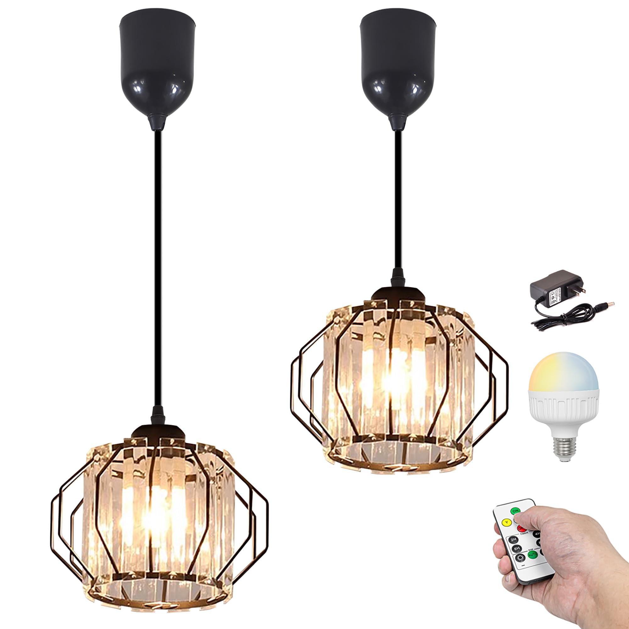 Kiven Battery Operated Pendant Light with Remote,Set of 2 Rechargeable  Hanging Pendant Light Adjustable Height with Crystal Lampshade for Bedroom  Kitchen Home Decor Black XDD363 - Walmart.com, image size:2000x2000