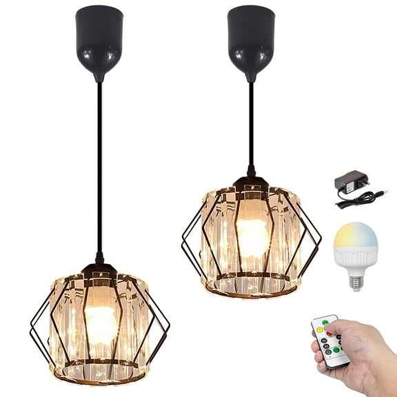 Kiven Battery Operated Pendant Light with Remote,Set of 2 Rechargeable Hanging Pendant Light Adjustable Height with Crystal Lampshade for Bedroom Kitchen Home Decor Black XDD361