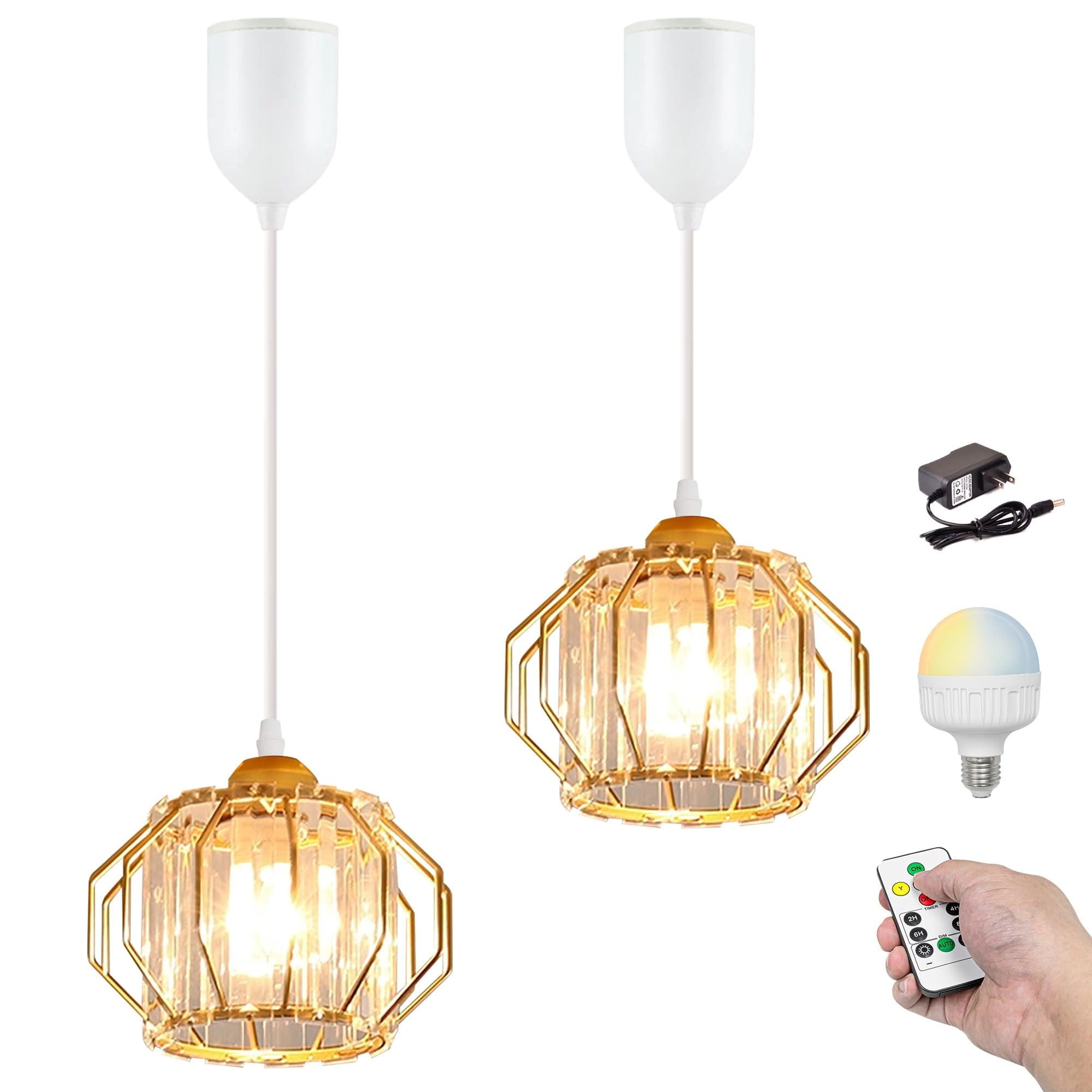 Kiven Battery Operated Pendant Light with Remote,Set of 2 Rechargeable  Hanging Pendant Light Adjustable Height with Crystal Lampshade for Bedroom  Kitchen Home Decor Gold XDD363 - Walmart.com, image size:2000x2000