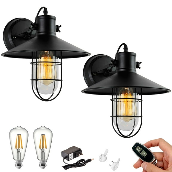 Kiven Battery Operated Wall Lamp, Industrial Iron Cage Wall Sconces, Dimmable Warm White Wall Lighting Fixtures,Set of 2 Vintage Wall Mounted Lamp for Living Room Bedroom Hallway E26 Socket