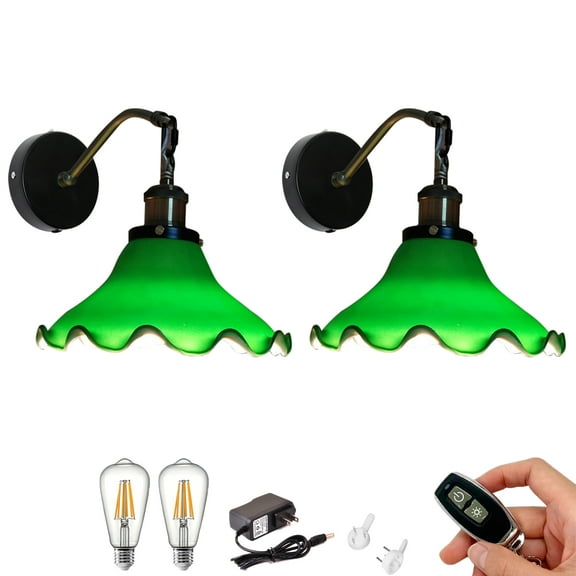 Kiven Battery Operated Wall Lamp,Vintage Rechargeable Wall Sconces with Glass Lampshade, E26 Socket Warm White Bulb Included(Set of 2)