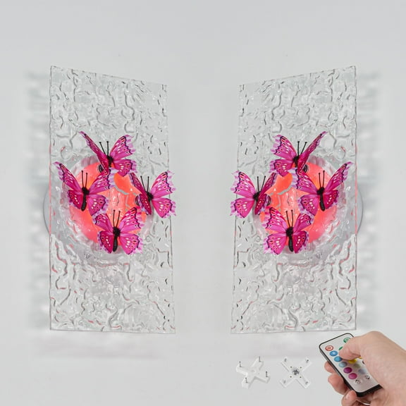 Kiven Battery Operated Wall Sconce with Remote Control,Acrylic Wireless Wall Sconces Indoor,Set of 2 Dimmable Wall Light for Hallway Bedroom Home Decor,3D Butterfly Wall Decor(No.7)
