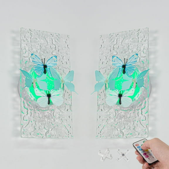 Kiven Battery Operated Wall Sconce with Remote Control,Acrylic Wireless Wall Sconces Indoor,Set of 2 Dimmable Wall Light for Hallway Bedroom Home Decor,3D Butterfly Wall Decor(No.3/10/22)