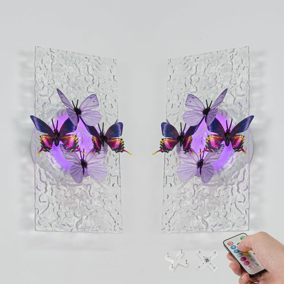 Kiven Battery Operated Wall Sconce with Remote Control,Acrylic Wireless Wall Sconces Indoor,Set of 2 Dimmable Wall Light for Hallway Bedroom Home Decor,3D Butterfly Wall Decor(No.2/5)