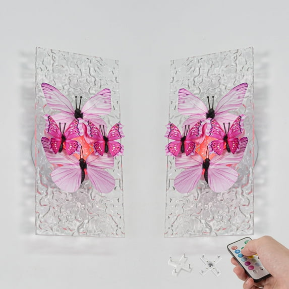 Kiven Battery Operated Wall Sconce with Remote Control,Acrylic Wireless Wall Sconces Indoor,Set of 2 Dimmable Wall Light for Hallway Bedroom Home Decor,Pink 3D Butterfly Wall Decor(No.7)