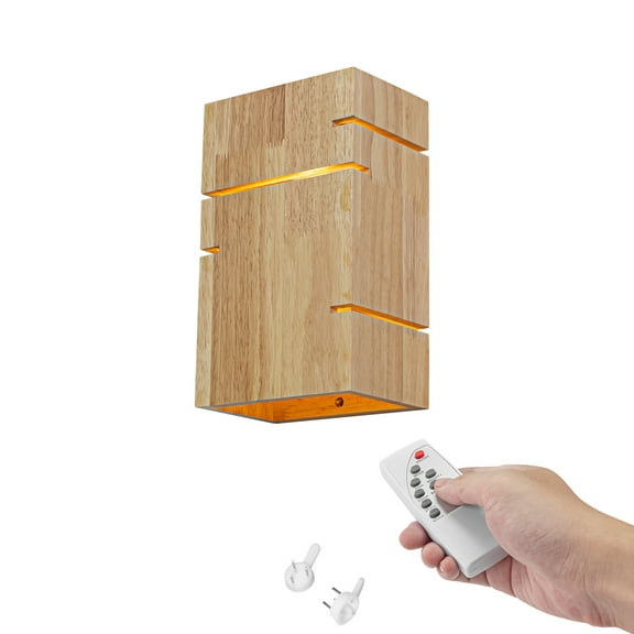Kiven Battery Operated Wall Sconces with Remote Control,Rechargeable Wall Sconces Indoor,1 Set Dimmable Wall Lamp for Reading, Dark Corner, Bedside, Wall Decor,Wood Lampshade