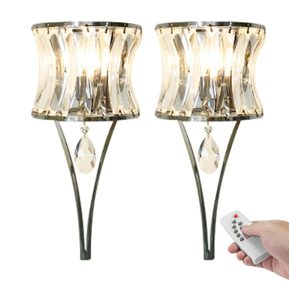 Kiven Battery Operated Wall Sconces with Remote Control,Rechargeable Wall Sconces Indoor,Set of 2 Dimmable Wall Lamp for Reading, Dark Corner, Bedside, Wall Decor,Crystal Lampshade