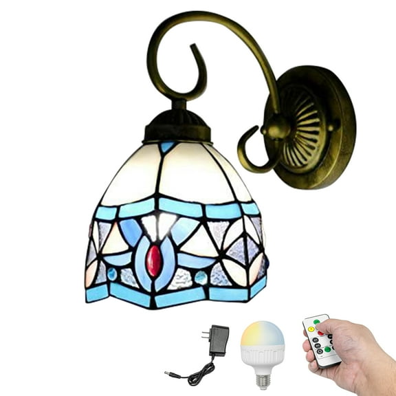 Kiven Battery Operated Wall Sconces, Tiffany Style Wall Lights with Rechargeable LED bulb and Glass Shade,Dimmable Wall Lighting Fixtures for Painting Bedroom Hallway（1 Light）