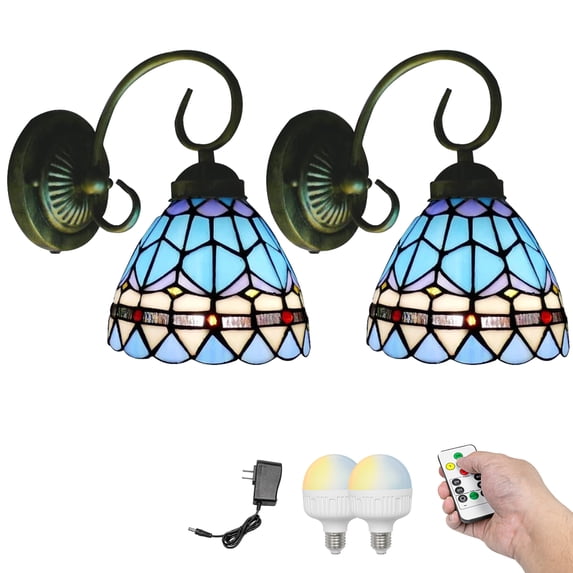 Kiven Battery Operated Wall Sconces, Tiffany Style Wall Lights with Rechargeable LED bulb and Glass Shade,Dimmable,Timing(Set of 2)