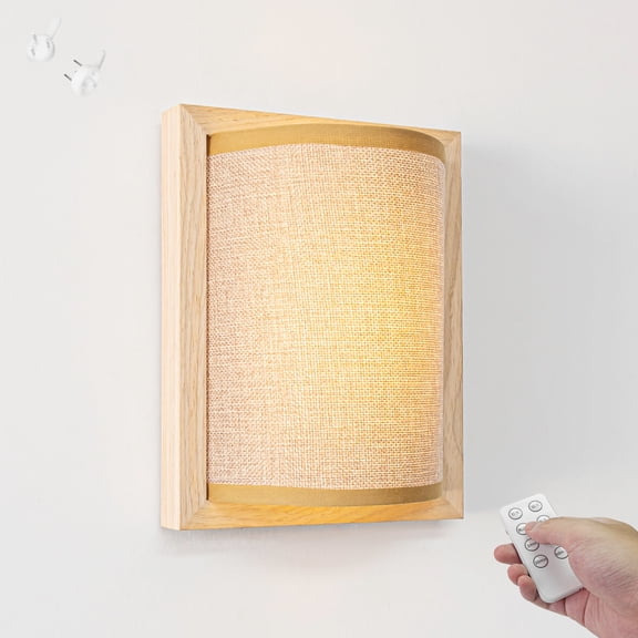 Kiven Battery Operated Wall Sconces with Remote Control,Farmhouse Fabric Battery Wall Sconces,1-Light Dimmable Up and Down Wall Lighting
