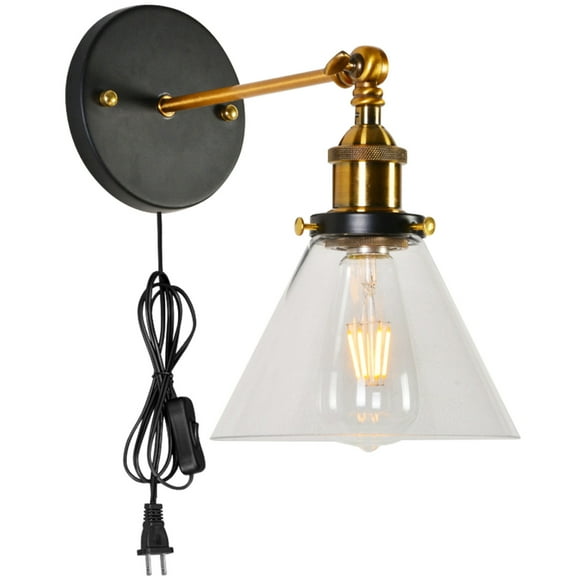 Kiven Black Plug in Wall Lamp Industrial Style Golden Finish Wall Sconce with ON/OFF Switch, 5.9ft Plug-in Cord, E26 Socket(1-Light)