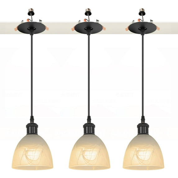 Kiven Can Lights Retrofit Recessed Lighting with E26 Power Outlet Adapter, 4/5 Inch Replacement Conversion Kit, Farmhouse Frosted Glass Pendant Lighting for Bedroom Hallway Kitchen,3 Lights, Black