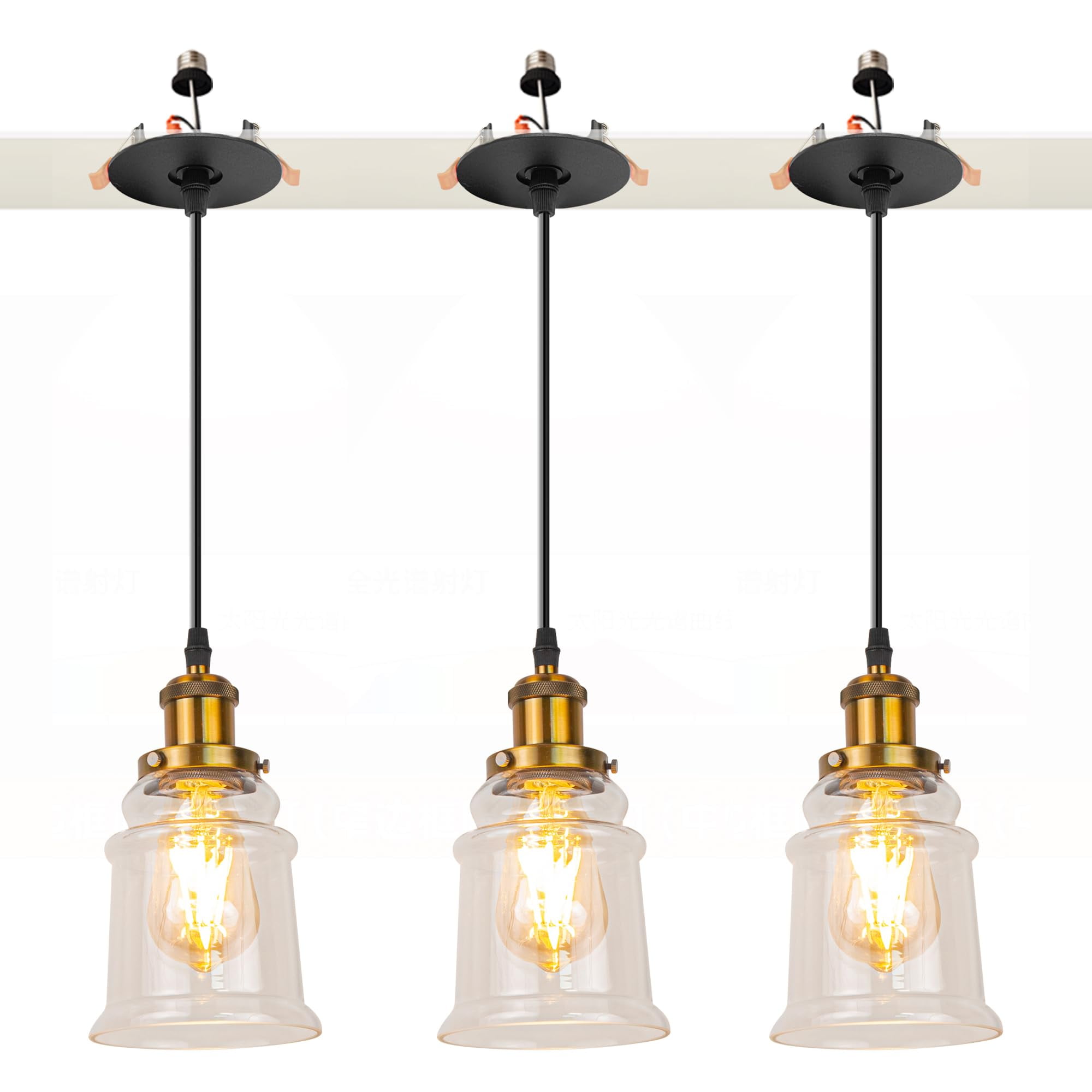 Kiven Can Lights Retrofit Recessed Lighting with E26 Power Outlet Adapter, 4/5 Inch Replacement Conversion Kit, Farmhouse Glass Pendant Lighting for Living Room Hallway Kitchen,3 Lights, Gold