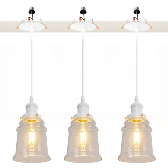 Kiven Can Lights Retrofit Recessed Lighting with E26 Power Outlet Adapter, 4/5 Inch Replacement Conversion Kit, Farmhouse Glass Pendant Lighting for Living Room Hallway Kitchen,3 Lights,White