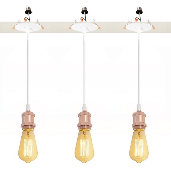 Kiven Can Lights Retrofit Recessed Lighting with E26 Power Outlet Adapter, 4/5 Inch Replacement Conversion Kit, Farmhouse Pendant Lighting for Kitchen Living Room Hallway,3 Lights,Rose Gold