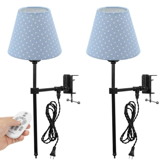 Kiven Clip Lamp, 2 Pack Farmhouse Clamp Lamp with Blue Fabric Lampshade, 8.3FT Plug in Cord, Dimmable Decorative Nightstand Lamp for Home Bookshelf Bedside Office