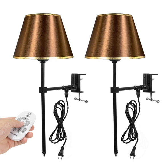 Kiven Clip Lamp, 2 Pack Farmhouse Clamp Lamp with Coffee Brown Fabric Lampshade, 8.3FT Plug in Cord, Decorative Nightstand Lamp for Home Bookshelf Bedside Office Side Table