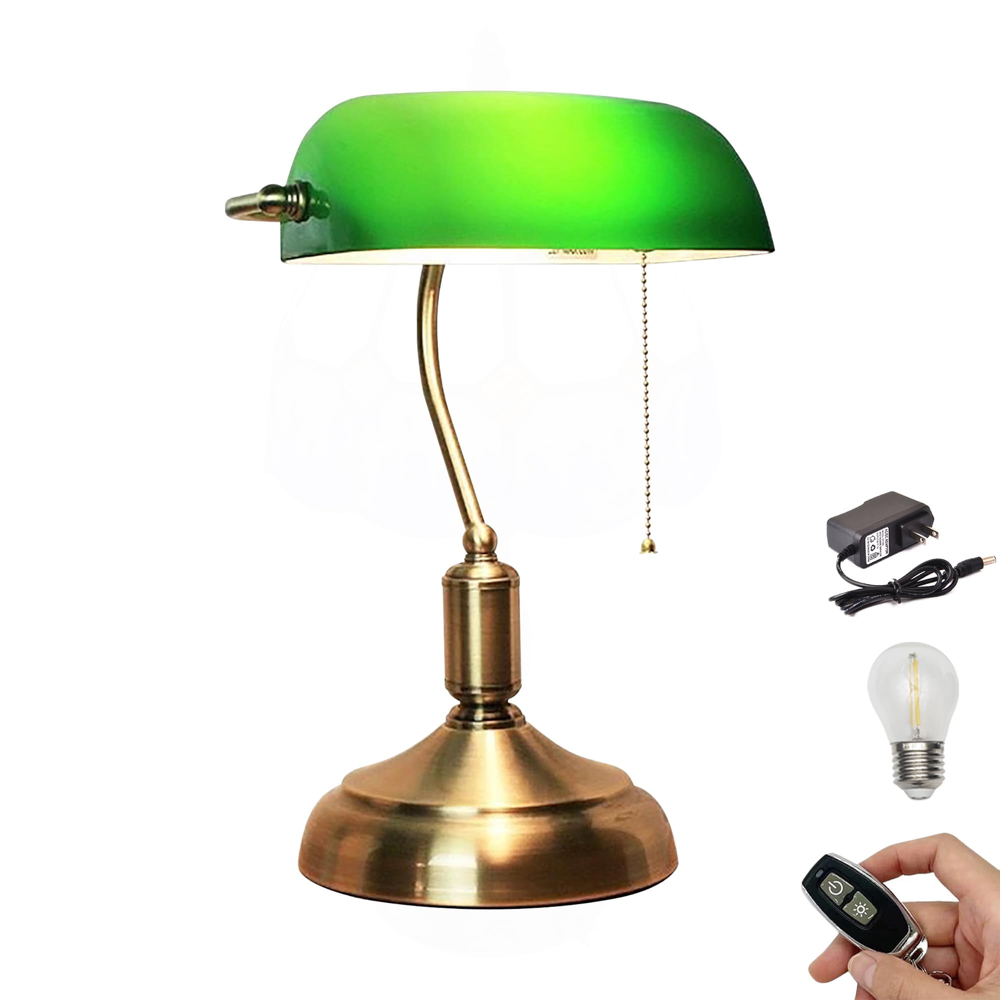 Kiven Cordless Bankers Table Lamp,1-Light Dimmable Bedside Lamps for Nightstand with Glass Lampshade, Vintage Rechargeable Desk Lamp for Reading Home Decor Bedside TD1117