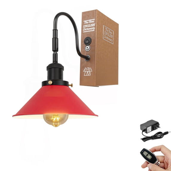 Kiven Cordless Bookshelf Lamp, 1-Light Rechargeable Bookcase Lighting with Iron Lampshade, Farmhouse Decorative Bookend, Cordless Table Lamp for Bedside Bookshelf Cabinet Home Decor,Red