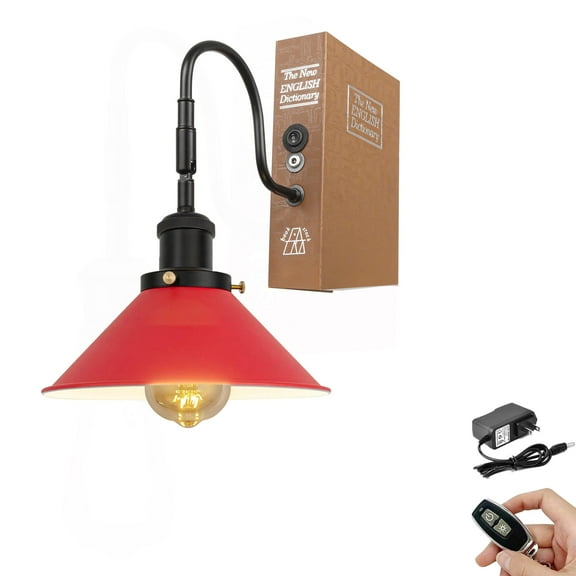 Kiven Cordless Bookshelf Lamp, 1-Light Rechargeable Bookcase Lighting with Iron Lampshade, Farmhouse Decorative Bookend, Cordless Table Lamp for Bedside Bookshelf Cabinet Home Decor,Red