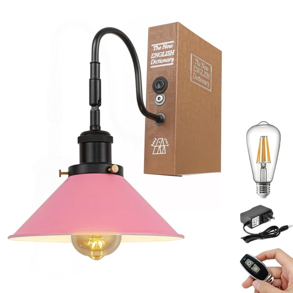 Kiven Cordless Bookshelf Lamp, 1-Light Rechargeable Bookcase Lighting with Iron Lampshade, Farmhouse Decorative Bookend, Cordless Table Lamp for Bedside Bookshelf Cabinet Home Decor,Pink