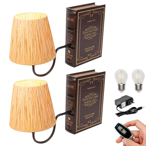 Kiven Cordless Bookshelf Lamp, Set of 2 Rechargeable Bookcase Lighting with Beige Raffia Lampshade, Farmhouse Decorative Bookend, Cordless Table Lamp for Bedside Bookshelf Office TD0628