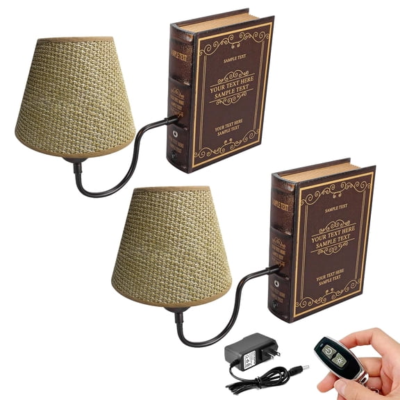 Kiven Cordless Bookshelf Lamp, Set of 2 Rechargeable Bookcase Lighting with Brown Plaited Fabric Lampshade, Farmhouse Decorative Bookend, Cordless Table Lamp for Bedside Bookshelf Office -DZ0322