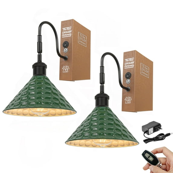 Kiven Cordless Bookshelf Lamp, Set of 2 Rechargeable Bookcase Lighting with Green Iron Lampshade, Farmhouse Decorative Bookend, Cordless Table Lamp for Bedside Cabinet Bookshelf Home Decor