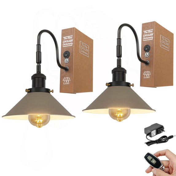 Kiven Cordless Bookshelf Lamp, Set of 2 Rechargeable Bookcase Lighting with Iron Lampshade, Farmhouse Decorative Bookend, Cordless Table Lamp for Bedside Bookshelf Cabinet Home Decor,Khaki