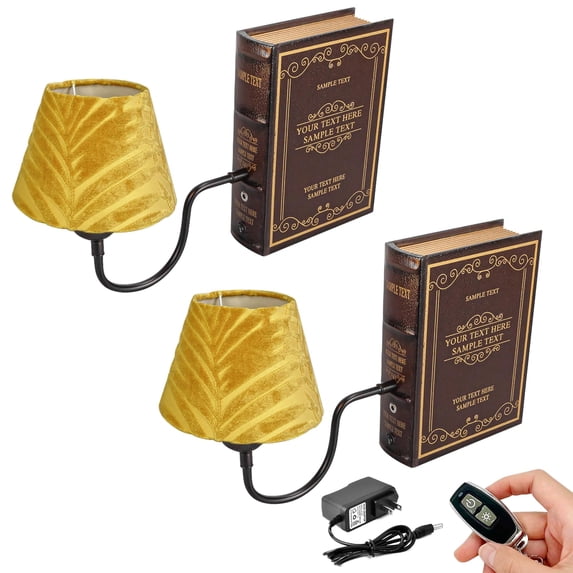 Kiven Cordless Bookshelf Lamp, Set of 2 Rechargeable Bookcase Lighting with Yellow Fabric Lampshade, Farmhouse Decorative Bookend, Cordless Table Lamp for Bedside Bookshelf Office Home Decor-DZ0306
