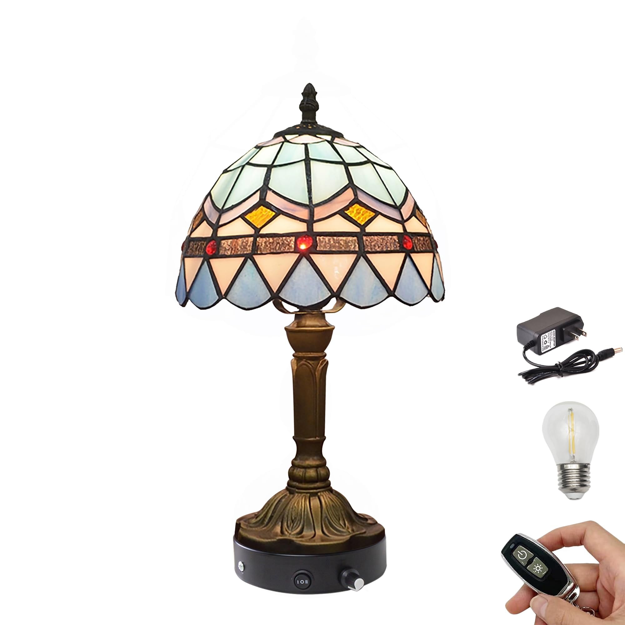 Kiven Cordless Table Lamp,1-Light Dimmable Bedside Lamps for Nightstand with Pink Glass Lampshade, Tiffany-Style Rechargeable Desk Lamp for Reading Home Decor Bedside TD0779