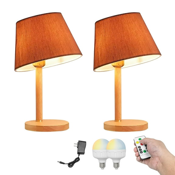 Kiven Cordless Table Lamp, Dimmable Desk Lamp with Brown Pleated Lampshade, Farmhouse Nightstand Lamp with Rechargeable LED Bulb for Reading Living Room Office Bedside, Set of 2