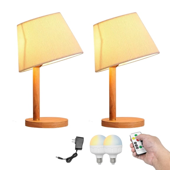 Kiven Cordless Table Lamp, Dimmable Desk Lamp with Cream Pleated Lampshade, Farmhouse Nightstand Lamp with Rechargeable LED Bulb for Living Room Office Bedside Reading, Set of 2