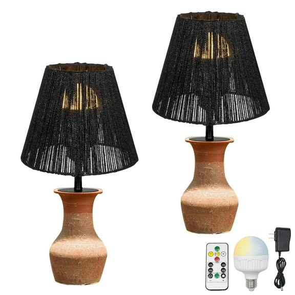 Kiven Cordless Table Lamp, Dimmable LED Vase Lamp with Black Lampshade, Ceramic Pot Table Lamp, Set of 2 Rechargeable Nightstand Lamp for Office Reading Home Decor Bedside TD0824