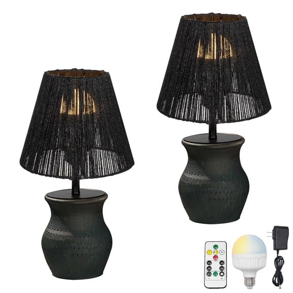 Kiven Cordless Table Lamp, Dimmable LED Vase Lamp with Black Lampshade, Ceramic Pot Table Lamp, Set of 2 Rechargeable Nightstand Lamp for Office Reading Home Decor Bedside TD0862