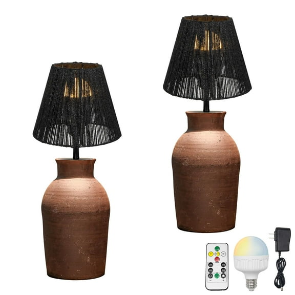 Kiven Cordless Table Lamp, Dimmable LED Vase Lamp with Black Lampshade, Ceramic Pot Table Lamp, Set of 2 Rechargeable Nightstand Lamp for Office Reading Home Decor Bedside TD0828