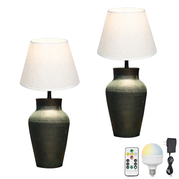 Kiven Cordless Table Lamp, Dimmable LED Vase Lamp with White Fabric Lampshade, Ceramic Pot Table Lamp, Set of 2 Rechargeable Nightstand Lamp for Office Reading Home Decor Bedside TD0860