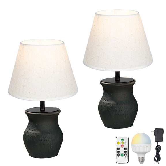 Kiven Cordless Table Lamp, Dimmable LED Vase Lamp with White Fabric Lampshade, Ceramic Pot Table Lamp, Set of 2 Rechargeable Nightstand Lamp for Office Reading Home Decor Bedside TD0862