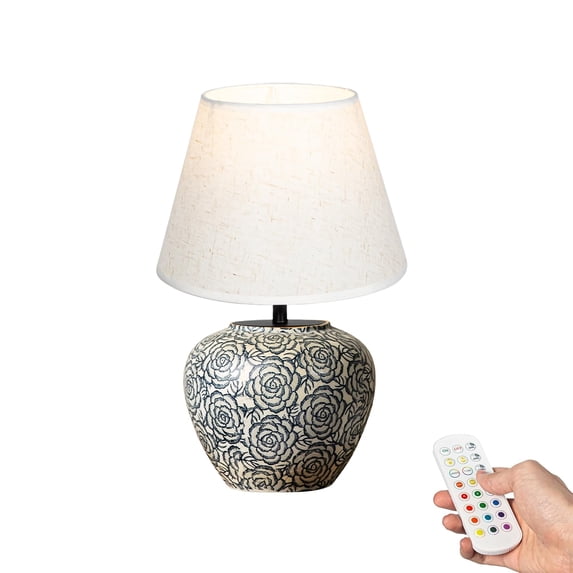 Kiven Cordless Table Lamp, Dimmable LED Vase Lamps with Fabric Lampshade, Classic Cottage Ambient Light, 1-Light Rechargeable Nightstand Lamp for Office Bookcase Bedside TD1014C
