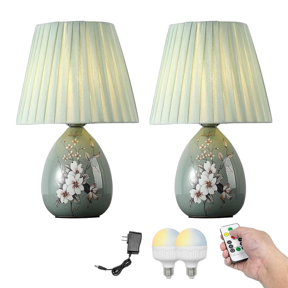 Kiven Cordless Table Lamp, Dimmable LED Vase Table Lamp with Fabric Pleated Lampshade, Modern Rechargeable Nightstand Lamp for Office Reading Home Decor Shelf, Set of 2(B)