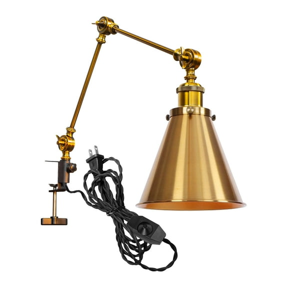 Kiven Dimmable Clamp Lamp, 1-Light Aluminum Nightstand Lamp with Flexible Swing Arm, 8.2FT Plug in Cord, Industrial Decorative Clip-on Desk Lamp for Bookshelf Office Bedside,Gold