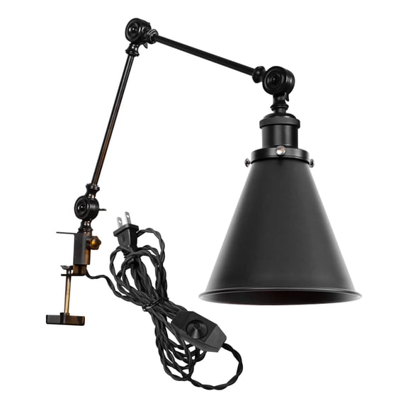Kiven Dimmable Clamp Lamp, 1-Light Aluminum Nightstand Lamp with Flexible Swing Arm, 8.2FT Plug in Cord, Industrial Decorative Clip-on Desk Lamp for Bookshelf Office Bedside,Black