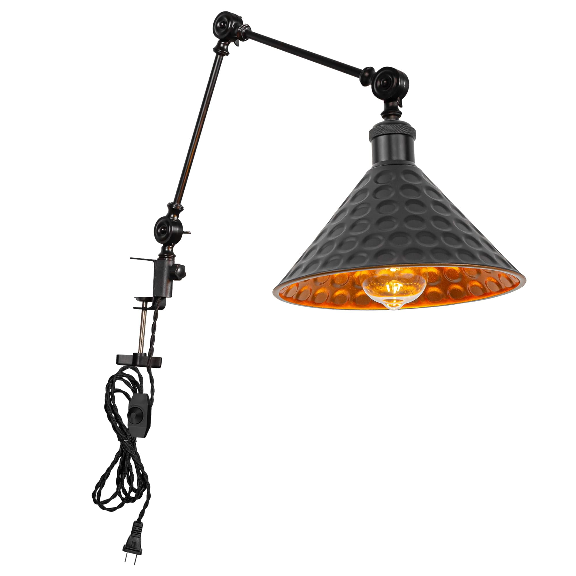 Kiven Dimmable Clip-on Desk Lamp, 1-Light Black Farmhouse Nightstand Lamp with Flexible Swing Arm, 8.2FT Plug in Cord, Decorative Clamp Lamp for Office Bookshelf Cabine Gold Inner
